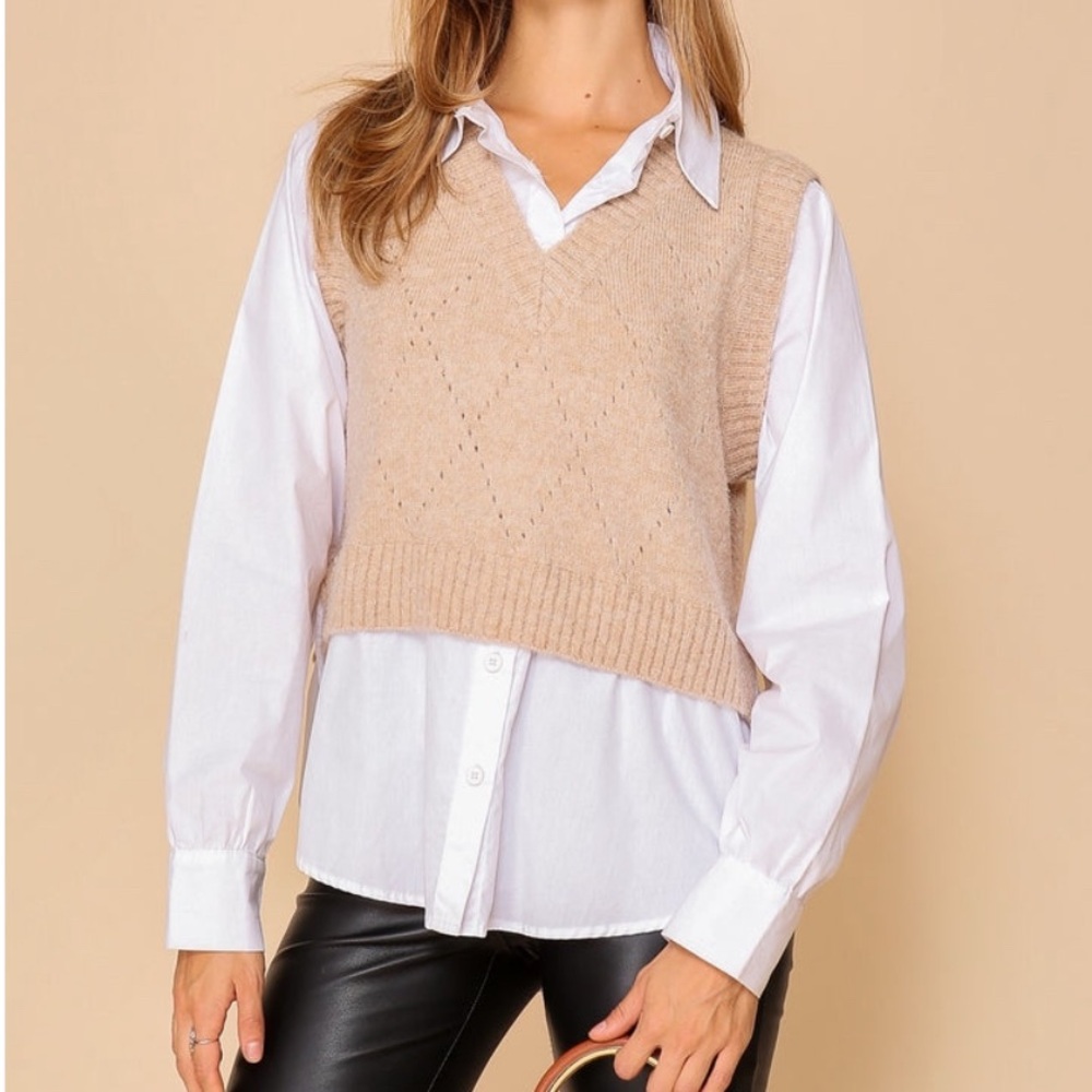 Altar’d State One Piece V-Neck Cropped Sweater Vest and White Button-Up Shirt